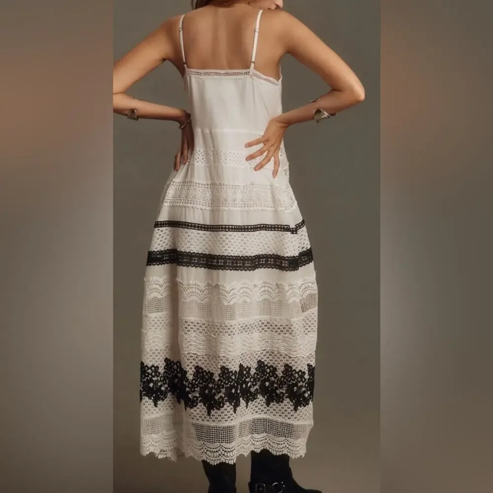 Anthropologie Crochet Lace Midi Dress Striped Boho Cottage NWT Sz XSP - Picture 2 of 11